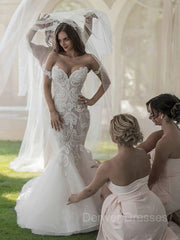 Wedding Dress Country, Trumpet/Mermaid Off-the-Shoulder Chapel Train Tulle Wedding Dresses