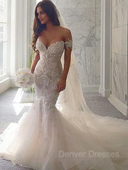 Wedding Dresses Country, Trumpet/Mermaid Off-the-Shoulder Chapel Train Tulle Wedding Dresses