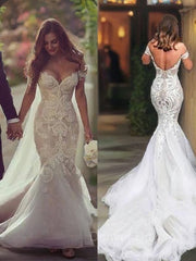 Wedding Dress Couture, Trumpet/Mermaid Off-the-Shoulder Chapel Train Tulle Wedding Dresses