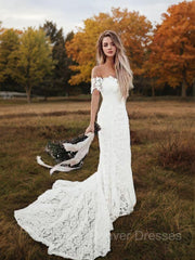 Wedding Dress With Pockets, Trumpet/Mermaid Off-the-Shoulder Court Train Lace Wedding Dresses
