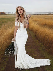 Wedding Dresses With Pocket, Trumpet/Mermaid Off-the-Shoulder Court Train Lace Wedding Dresses