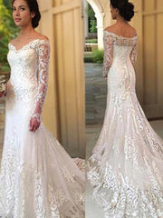 Wedding Dress Under 1006, Trumpet/Mermaid Off-the-Shoulder Court Train Lace Wedding Dresses With Appliques Lace