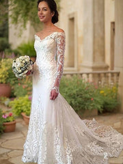 Wedding Dresses Casual, Trumpet/Mermaid Off-the-Shoulder Court Train Lace Wedding Dresses With Appliques Lace