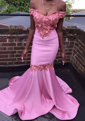 Prom Dress Corset Ball Gown, Trumpet/Mermaid Off-the-Shoulder Court Train Satin Prom Dress With Beading Flowers