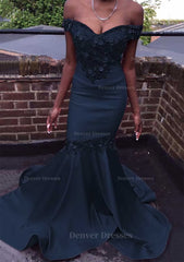 Prom Dress Fairy, Trumpet/Mermaid Off-the-Shoulder Court Train Satin Prom Dress With Beading Flowers