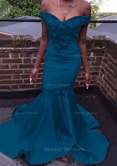 Prom Dress Styling Hair, Trumpet/Mermaid Off-the-Shoulder Court Train Satin Prom Dress With Beading Flowers