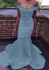 Prom Dress Emerald Green, Trumpet/Mermaid Off-the-Shoulder Court Train Satin Prom Dress With Beading Flowers