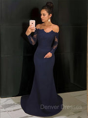 Homecoming Dresses Style, Trumpet/Mermaid Off-the-Shoulder Court Train Stretch Crepe Evening Dresses With Lace