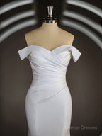 Wedding Dress 2031, Trumpet/Mermaid Off-the-Shoulder Court Train Stretch Crepe Wedding Dresses with Pleated