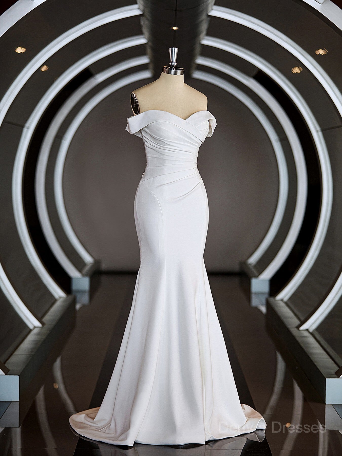 Wedding Dresses Cheaper, Trumpet/Mermaid Off-the-Shoulder Court Train Stretch Crepe Wedding Dresses with Pleated