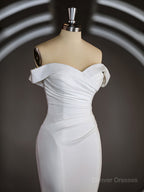 Wedding Dress Cheaper, Trumpet/Mermaid Off-the-Shoulder Court Train Stretch Crepe Wedding Dresses with Pleated