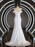 Wedding Dress Cheap, Trumpet/Mermaid Off-the-Shoulder Court Train Stretch Crepe Wedding Dresses with Pleated