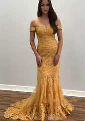 Formal Wedding Guest Dress, Trumpet/Mermaid Off-the-Shoulder Court Train Tulle Prom Dress With Lace Appliqued
