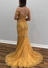 Trendy Dress Outfit, Trumpet/Mermaid Off-the-Shoulder Court Train Tulle Prom Dress With Lace Appliqued