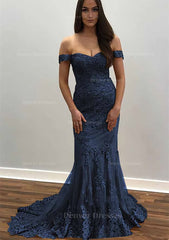 Party Dresses With Boots, Trumpet/Mermaid Off-the-Shoulder Court Train Tulle Prom Dress With Lace Appliqued