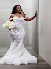 Wedding Dress Outlets, Trumpet/Mermaid Off-the-Shoulder Court Train Tulle Wedding Dresses