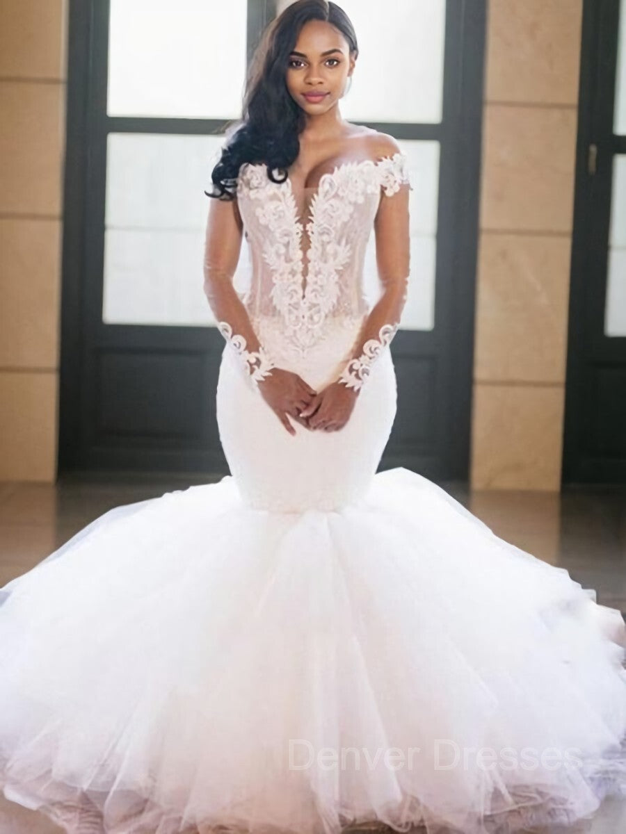 Wedding Dress Long Sleeve, Trumpet/Mermaid Off-the-Shoulder Floor-Length Tulle Wedding Dresses
