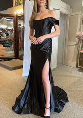 Bridesmaid Dress Shops, Trumpet/Mermaid Off-the-Shoulder Regular Straps Court Train Silk like Satin Prom Dress With Pleated Split