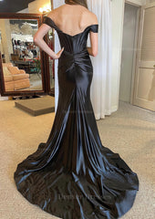 Bridesmaid Dress Sale, Trumpet/Mermaid Off-the-Shoulder Regular Straps Court Train Silk like Satin Prom Dress With Pleated Split