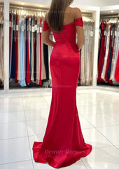 Homecoming Dress Long, Trumpet/Mermaid Off-the-Shoulder Short Sleeve Long/Floor-Length Satin Prom Dress With Pleated Split