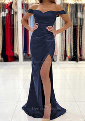 Homecomeing Dresses Long, Trumpet/Mermaid Off-the-Shoulder Short Sleeve Long/Floor-Length Satin Prom Dress With Pleated Split