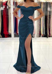 Homecomming Dresses Long, Trumpet/Mermaid Off-the-Shoulder Short Sleeve Long/Floor-Length Satin Prom Dress With Pleated Split