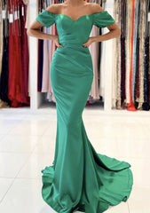 Homecoming Dress Under 75, Trumpet/Mermaid Off-the-Shoulder Short Sleeve Satin Sweep Train Prom Dress With Pleated