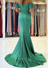 Homecomming Dresses Cute, Trumpet/Mermaid Off-the-Shoulder Short Sleeve Satin Sweep Train Prom Dress With Pleated