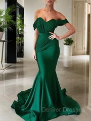 Evening Dresses Formal, Trumpet/Mermaid Off-the-Shoulder Sweep Train Jersey Prom Dresses With Ruffles
