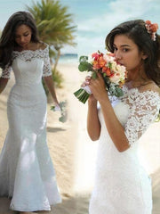 Wed Dress Lace, Trumpet/Mermaid Off-the-Shoulder Sweep Train Lace Wedding Dresses