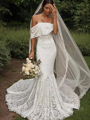 Wedding Dresses Style, Trumpet/Mermaid Off-the-Shoulder Sweep Train Lace Wedding Dresses