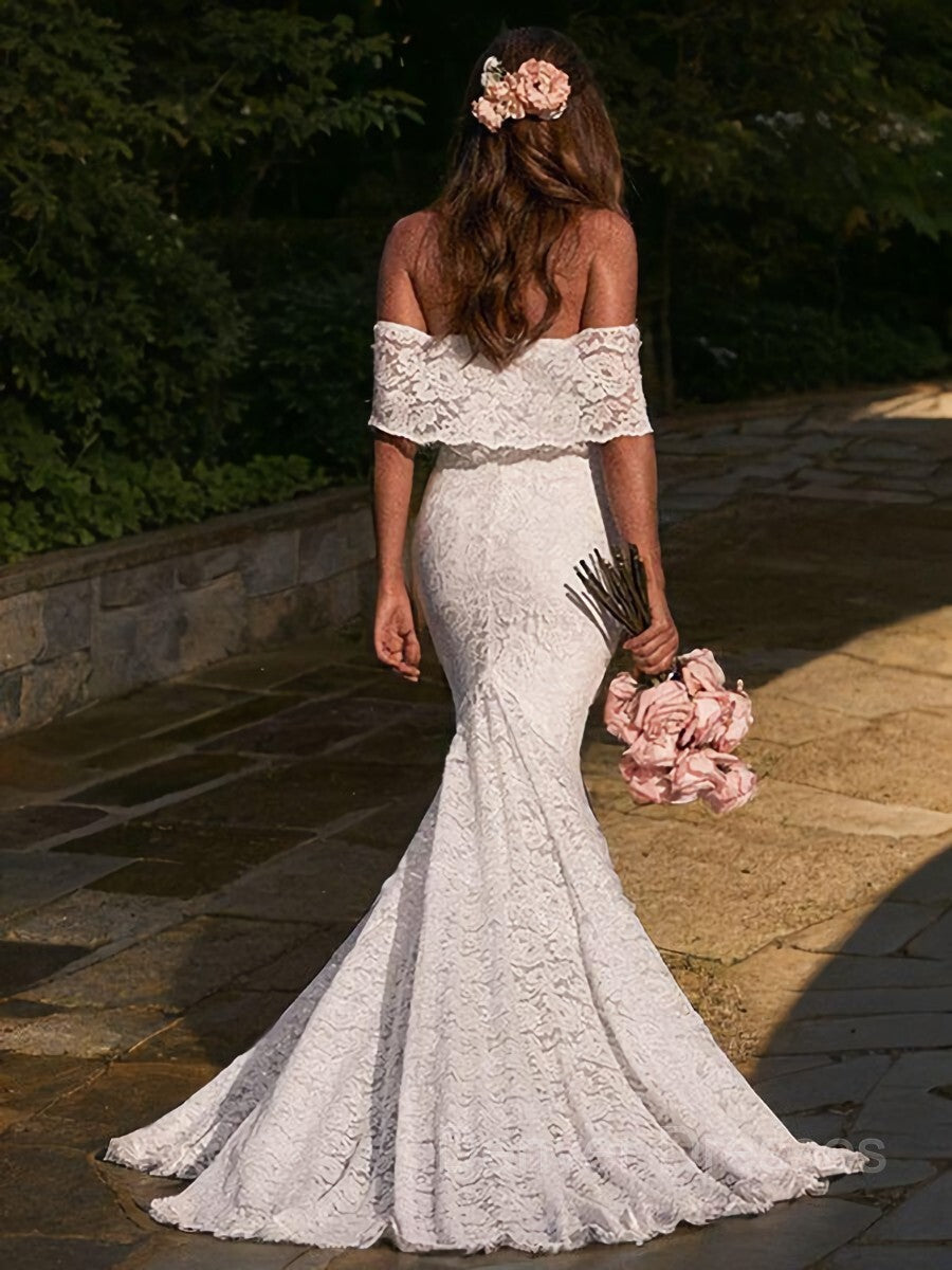 Weddings Dress Styles, Trumpet/Mermaid Off-the-Shoulder Sweep Train Lace Wedding Dresses