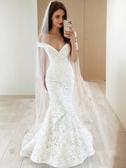 Wedding Dress Long, Trumpet/Mermaid Off-the-Shoulder Sweep Train Lace Wedding Dresses