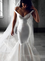 Wedding Dresses For Over 55, Trumpet/Mermaid Off-the-Shoulder Sweep Train Satin Wedding Dresses