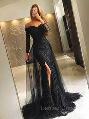 Homecoming Dresses Idea, Trumpet/Mermaid Off-the-Shoulder Sweep Train Tulle Evening Dresses With Leg Slit