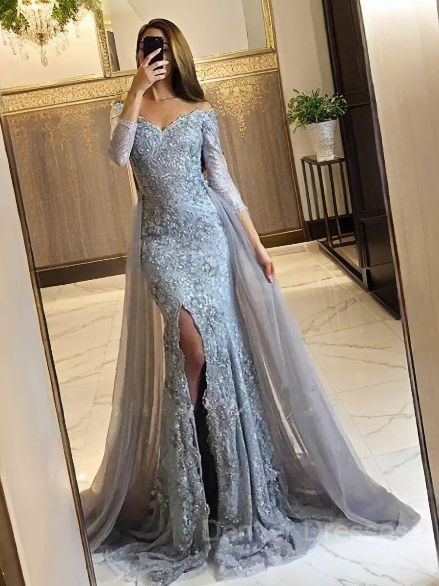 Homecoming Dress Ideas, Trumpet/Mermaid Off-the-Shoulder Sweep Train Tulle Evening Dresses With Leg Slit