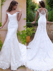 Wedding Dresses Elegant, Trumpet/Mermaid Off-the-Shoulder Sweep Train Tulle Wedding Dresses