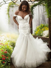 Wedding Dresses For Maids, Trumpet/Mermaid Off-the-Shoulder Sweep Train Tulle Wedding Dresses With Appliques Lace