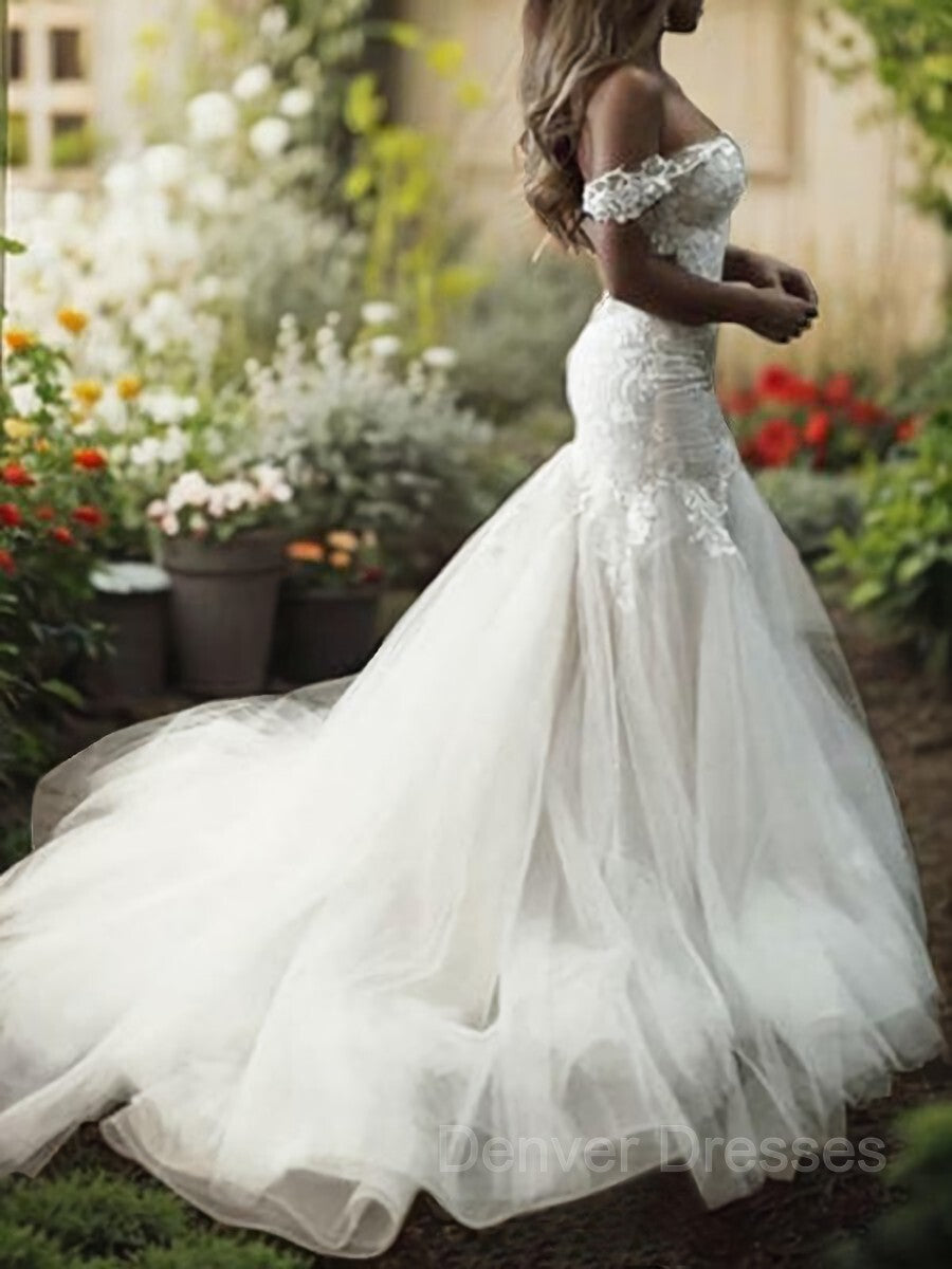 Wedding Dress Southern, Trumpet/Mermaid Off-the-Shoulder Sweep Train Tulle Wedding Dresses With Appliques Lace