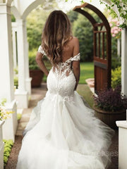Wedding Dresses A Line Romantic, Trumpet/Mermaid Off-the-Shoulder Sweep Train Tulle Wedding Dresses With Appliques Lace