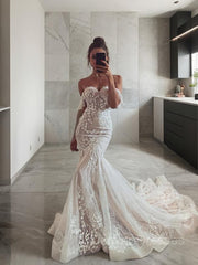 Wedding Dress Boho, Trumpet/Mermaid Off-the-Shoulder Sweep Train Tulle Wedding Dresses With Appliques Lace