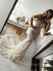 Wedding Dress Simple, Trumpet/Mermaid Off-the-Shoulder Sweep Train Tulle Wedding Dresses With Appliques Lace