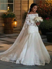 Wedding Dresses Tops, Trumpet/Mermaid Off-the-Shoulder Sweep Train Tulle Wedding Dresses With Appliques Lace