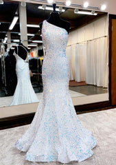 Unique Prom Dress, Trumpet/Mermaid One-Shoulder Sleeveless Long/Floor-Length Velvet Sequins Prom Dress