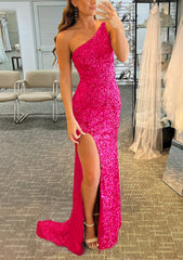 Bridesmaid Dress Shops Near Me, Trumpet/Mermaid One-Shoulder Sleeveless Sparkling Allover Sequined Prom Dress With Split