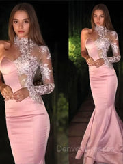 Prom Dresse Princess, Trumpet/Mermaid One-Shoulder Sweep Train Elastic Woven Satin Prom Dresses With Appliques Lace