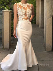 Wedding Dress Sleeve, Trumpet/Mermaid Scoop Court Train Satin Wedding Dresses With Appliques Lace