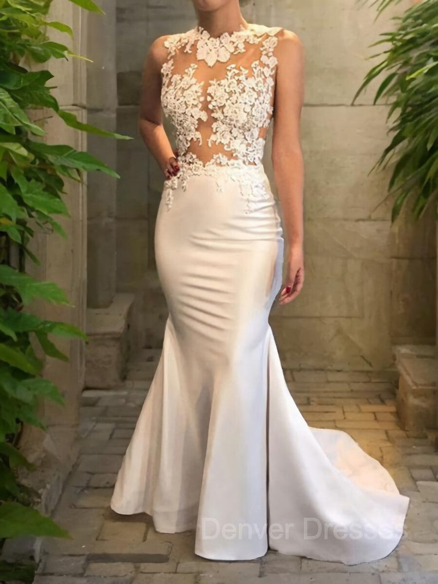 Wedding Dress Chic, Trumpet/Mermaid Scoop Court Train Satin Wedding Dresses With Appliques Lace