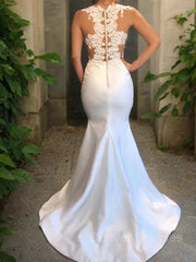 Wedding Dresses Sleeved, Trumpet/Mermaid Scoop Court Train Satin Wedding Dresses With Appliques Lace