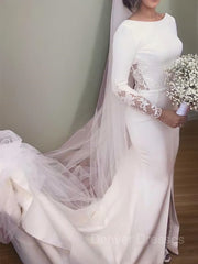 Wedding Dress For Dancing, Trumpet/Mermaid Scoop Court Train Stretch Crepe Wedding Dresses With Leg Slit